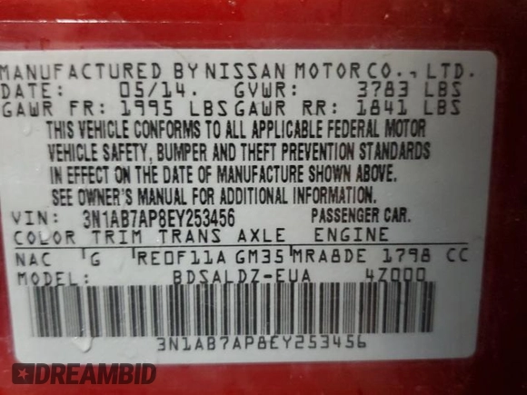2014 Nissan Sentra SV with VIN 3N1AB7AP8EY253456, listed as a Copart auction lot 60171835 with 123,250 mi miles and Salvage title. Bid and sale history available at DreamBid. Image 12.
