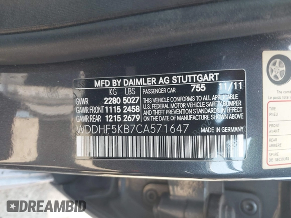 2012 Mercedes-Benz E 350 Luxury with VIN WDDHF5KB7CA571647, listed as a IAAI auction lot 42754323 with 252,078 mi miles and . Bid and sale history available at DreamBid. Image 9.