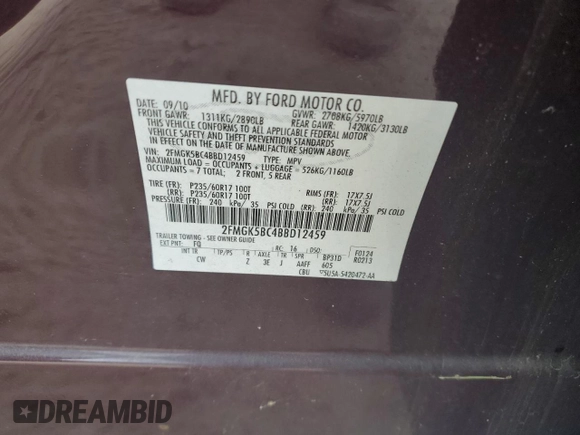 2011 Ford Flex SE with VIN 2FMGK5BC4BBD12459, listed as a Copart auction lot 43693105 with 100,340 mi miles and Non Repairable. Bid and sale history available at carsss.com. Image 13.