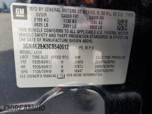 2012 Chevrolet Captiva Sport LS with VIN 3GNAL2EK3CS540612, listed as a Copart auction lot 78478234 with 99,802 mi miles and Salvage Title. Bid and sale history available at DreamBid. Image 13.