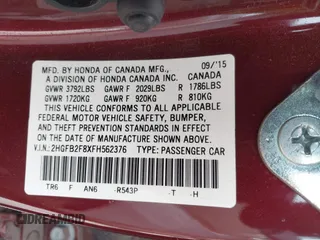 2015 Honda Civic EX with VIN 2HGFB2F8XFH562376, listed as a IAAI auction lot 41947465 with 73,040 mi miles and . Bid and sale history available at carsss.com. Image 9.