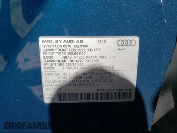 2019 Audi e-tron Prestige with VIN WA1VAAGE1KB010743, listed as a Copart auction lot 58812083 with 31,917 mi miles. Bid and sale history available at carsss.com. Image 13.