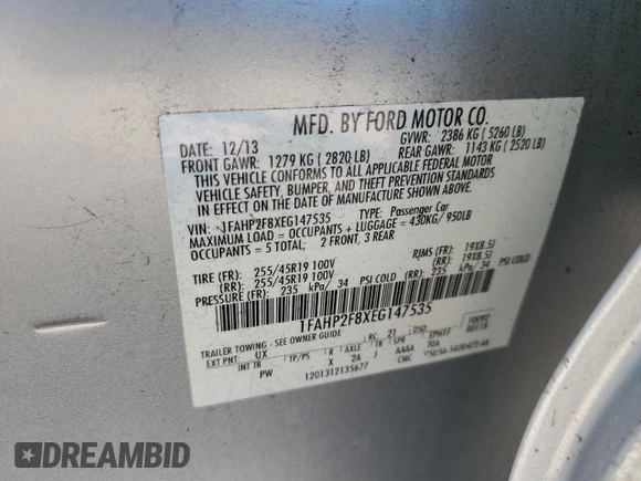 2014 Ford Taurus Limited with VIN 1FAHP2F8XEG147535, listed as a Copart auction lot 45231975 with 58,426 mi miles and Salvage Title. Bid and sale history available at DreamBid. Image 12.