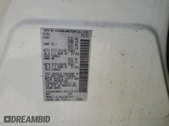 2015 Nissan Pathfinder SL with VIN 5N1AR2MM9FC653318, listed as a Copart auction lot 61610125 with 147,578 mi miles and Salvage title. Bid and sale history available at DreamBid. Image 12.