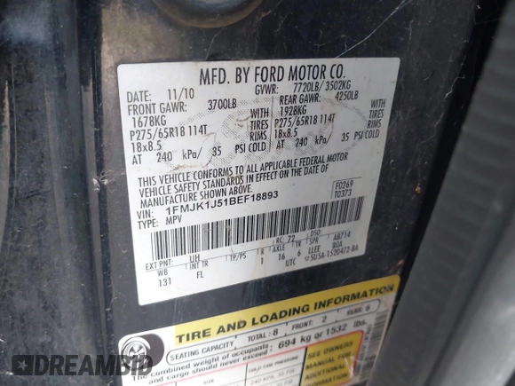 2011 Ford Expedition Max XLT with VIN 1FMJK1J51BEF18893, listed as a IAAI auction lot 41635790 with 152,426 mi miles and . Bid and sale history available at DreamBid. Image 9.