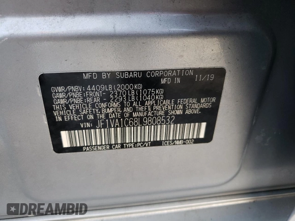 2020 Subaru WRX Premium with VIN JF1VA1C68L9808532, listed as a Copart auction lot 46708855 with 32,280 mi miles and Salvage Title. Bid and sale history available at carsss.com. Image 12.