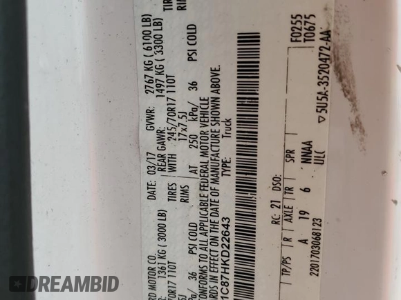 2017 Ford F-150 XL z VIN 1FTMF1C87HKD22643, wystawiony jako Copart lot #58475035 z przebiegiem Nie podano mil oraz Szkoda całkowita • Salvage title. Historia ofert i sprzedaży dostępna na DreamBid. Obrazek 12.