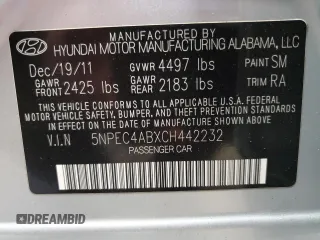 2012 Hyundai Sonata Limited with VIN 5NPEC4ABXCH442232, listed as a Copart auction lot 52667145 with 78,213 mi miles and Clean Title. Bid and sale history available at DreamBid. Image 12.