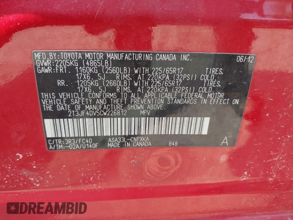 2012 Toyota RAV4 с VIN 2T3JF4DV5CW226812, выставлен на аукционе IAAI как лот 42460414 с пробегом 105 241 миль миль и . История ставок и продаж доступна на DreamBid. Изображение 9.