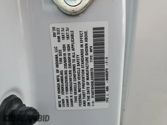 2020 Honda CR-V EX with VIN 7FART6H59LE020579, listed as a Copart auction lot 88734095 with 83,533 mi miles and Salvage Title. Bid and sale history available at DreamBid. Image 15.