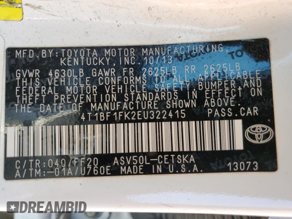 2014 Toyota Camry L with VIN 4T1BF1FK2EU322415, listed as a Copart auction lot 53624885 with 249,066 mi miles and Non Repairable. Bid and sale history available at carsss.com. Image 12.