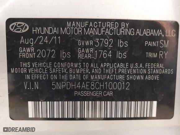 2012 Hyundai Elantra GLS with VIN 5NPDH4AE8CH100012, listed as a IAAI auction lot 40133634 with 82,423 mi miles. Bid and sale history available at carsss.com. Image 9.