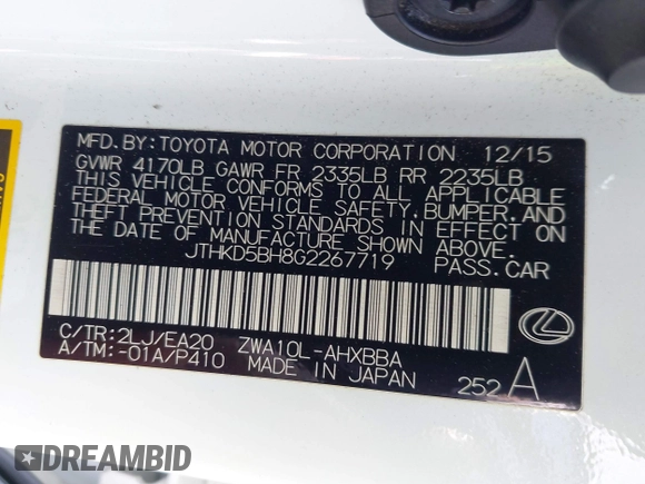 2016 Lexus CT 200h with VIN JTHKD5BH8G2267719, listed as a IAAI auction lot 41445010 with 73,287 mi miles and . Bid and sale history available at DreamBid. Image 9.