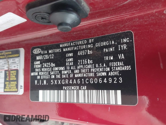 2012 Kia Optima SX z VIN 5XXGR4A61CG064923, wystawiony jako IAAI lot #42197209 z przebiegiem Nie podano mil oraz . Historia ofert i sprzedaży dostępna na DreamBid. Obrazek 9.
