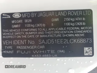 2020 Jaguar F-Type with VIN SAJD51EE2LCK68873, listed as a Copart auction lot 42095325 with 8,423 mi miles and Non Repairable. Bid and sale history available at DreamBid. Image 12.
