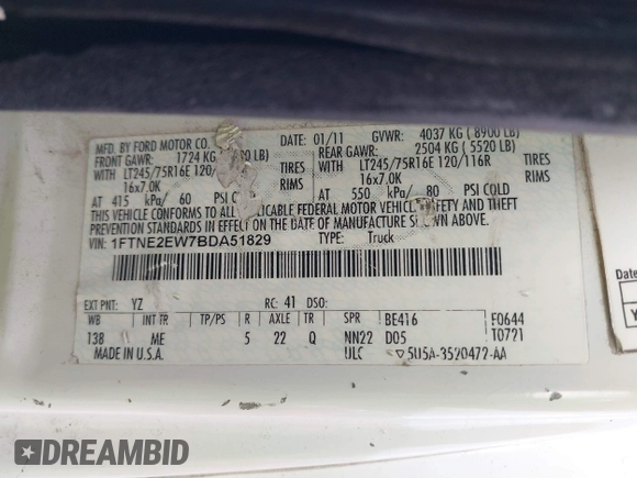 2011 Ford Econoline Cargo Commercial with VIN 1FTNE2EW7BDA51829, listed as a IAAI auction lot 42698973 with 197,907 mi miles and . Bid and sale history available at DreamBid. Image 9.