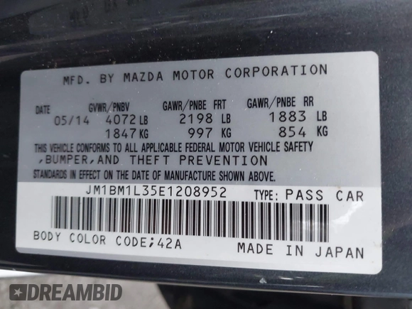 2014 Mazda 3 S Touring with VIN JM1BM1L35E1208952, listed as a IAAI auction lot 42121077 with 183,985 mi miles and . Bid and sale history available at carsss.com. Image 9.