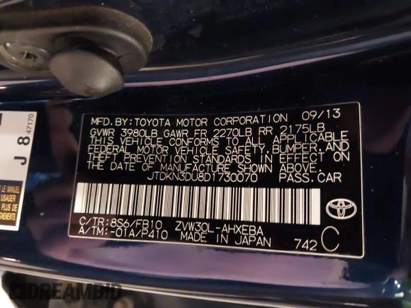 2013 Toyota Prius One with VIN JTDKN3DU8D1730070, listed as a IAAI auction lot 41831762 with 186,192 mi miles. Bid and sale history available at carsss.com. Image 9.