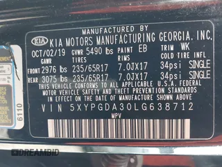 2020 Kia Sorento LX with VIN 5XYPGDA30LG638712, listed as a IAAI auction lot 41640969 with 62,197 mi miles and . Bid and sale history available at carsss.com. Image 9.