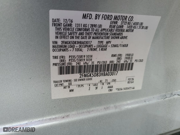 2017 Ford Flex Limited with VIN 2FMGK5D83HBA03017, listed as a Copart auction lot 88265015 with 102,760 mi miles and Salvage Title. Bid and sale history available at carsss.com. Image 14.