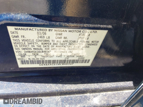 2006 Nissan Maxima 3.5 SE with VIN 1N4BA41E16C849347, listed as a IAAI auction lot 41927386 with 241,447 mi miles. Bid and sale history available at carsss.com. Image 9.
