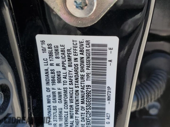 2016 Honda Civic Sedan LX with VIN 19XFC2F53GE099219, listed as a Copart auction lot 53125225 with 93,950 mi miles and Salvage Title. Bid and sale history available at carsss.com. Image 14.
