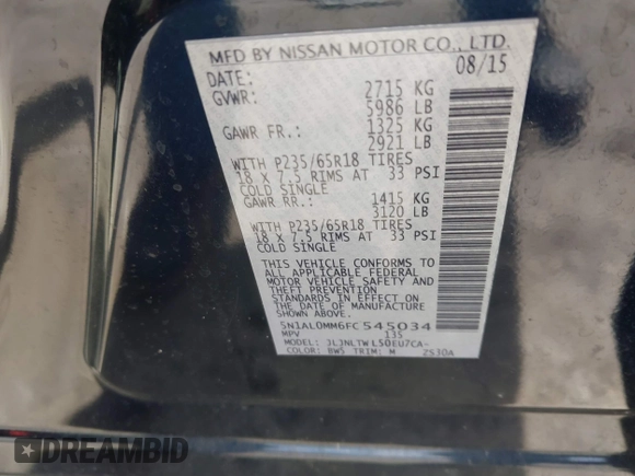 2015 Infiniti QX60 with VIN 5N1AL0MM6FC545034, listed as a IAAI auction lot 41892391 with 80,243 mi miles and . Bid and sale history available at DreamBid. Image 9.