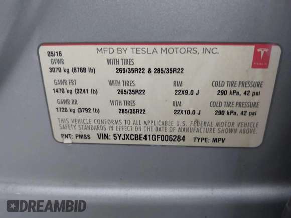 2016 Tesla Model X P90D with VIN 5YJXCBE41GF006284, listed as a IAAI auction lot 41809683 with 71,135 mi miles. Bid and sale history available at carsss.com. Image 9.