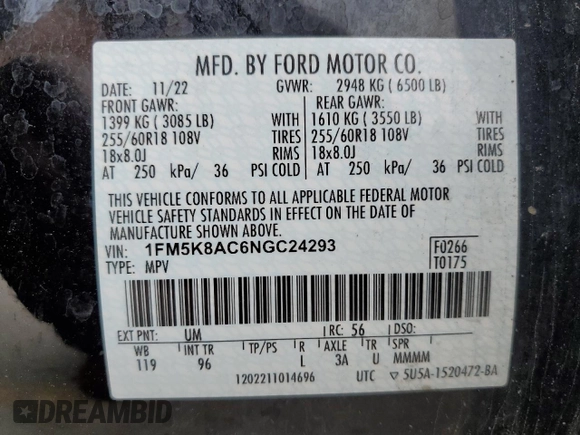 2022 Ford Explorer with VIN 1FM5K8AC6NGC24293, listed as a Copart auction lot 54847945 with 37,261 mi miles and Salvage title. Bid and sale history available at DreamBid. Image 14.