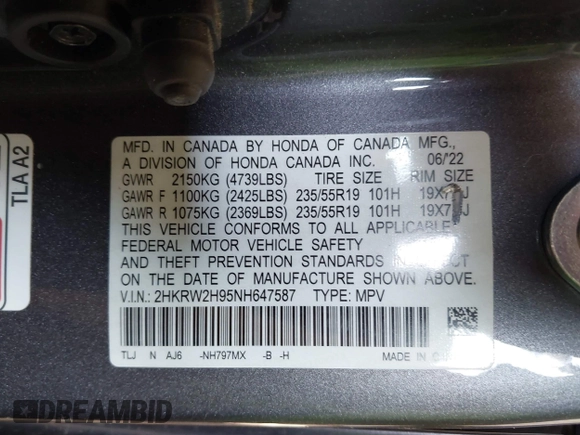 2022 Honda CR-V Touring with VIN 2HKRW2H95NH647587, listed as a IAAI auction lot 41790565 with 85,879 mi miles. Bid and sale history available at carsss.com. Image 9.