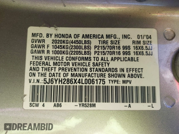 2004 Honda Element EX with VIN 5J6YH286X4L006175, listed as a IAAI auction lot 42316315 with Not provided miles and . Bid and sale history available at DreamBid. Image 9.