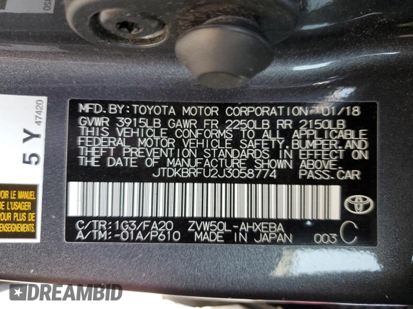 2018 Toyota Prius Two z VIN JTDKBRFU2J3058774, wystawiony jako Copart lot #58352045 z przebiegiem 109 711 mil mil oraz Szkoda całkowita • Salvage title. Historia ofert i sprzedaży dostępna na DreamBid. Obrazek 12.