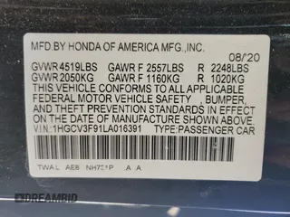2020 Honda Accord Touring z VIN 1HGCV3F91LA016391, wystawiony jako Copart lot #48147825 z przebiegiem 94 241 mil mil oraz Szkoda całkowita • Salvage title. Historia ofert i sprzedaży dostępna na DreamBid. Obrazek 12.