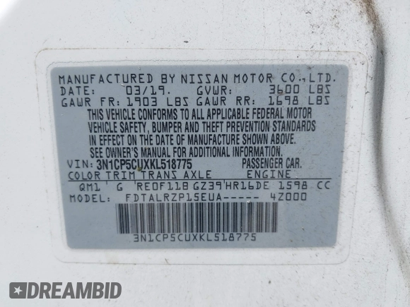 2019 Nissan Kicks SV with VIN 3N1CP5CUXKL518775, listed as a IAAI auction lot 41935426 with 37,822 mi miles and . Bid and sale history available at DreamBid. Image 9.