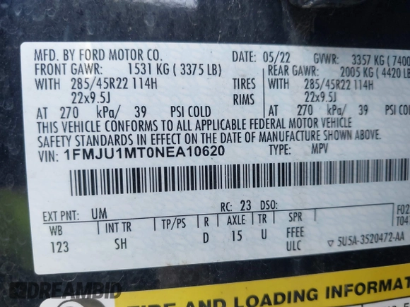 2022 Ford Expedition Platinum with VIN 1FMJU1MT0NEA10620, listed as a IAAI auction lot 41753686 with 58,709 mi miles and . Bid and sale history available at DreamBid. Image 9.