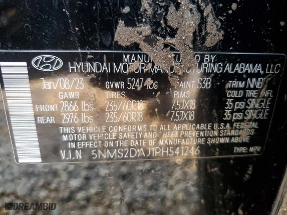 2023 Hyundai Santa Fe SEL with VIN 5NMS2DAJ1PH541246, listed as a Copart auction lot 87443114 with 0 mi miles and Salvage Title. Bid and sale history available at carsss.com. Image 13.