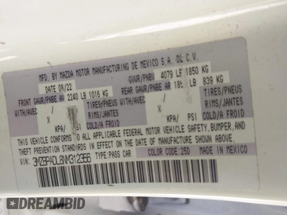 2022 Mazda 3 Premium with VIN 3MZBPADL8NM312356, listed as a IAAI auction lot 41028052 with 30,370 mi miles and . Bid and sale history available at DreamBid. Image 9.