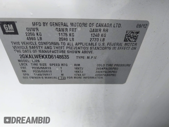 2013 GMC Terrain SLT with VIN 2GKALWEKXD6148635, listed as a IAAI auction lot 41316697 with 109,897 mi miles and . Bid and sale history available at DreamBid. Image 9.