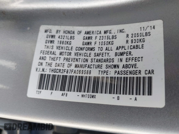 2015 Honda Accord EX-L с VIN 1HGCR2F87FA069588, выставлен на аукционе IAAI как лот 42442391 с пробегом 91 205 миль миль и . История ставок и продаж доступна на DreamBid. Изображение 9.