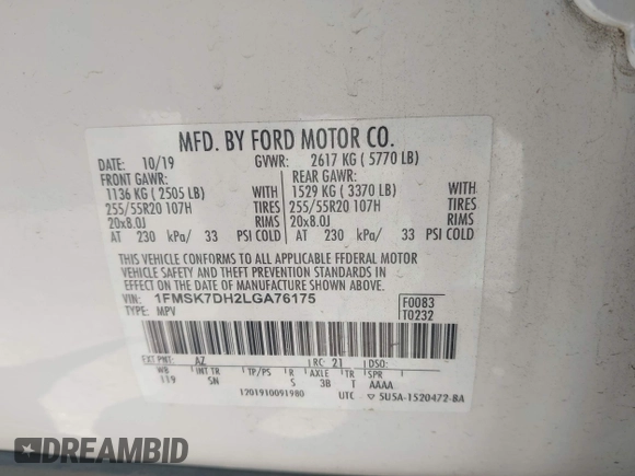2020 Ford Explorer XLT z VIN 1FMSK7DH2LGA76175, wystawiony jako IAAI lot #42299408 z przebiegiem 96 996 mil mil oraz . Historia ofert i sprzedaży dostępna na DreamBid. Obrazek 9.