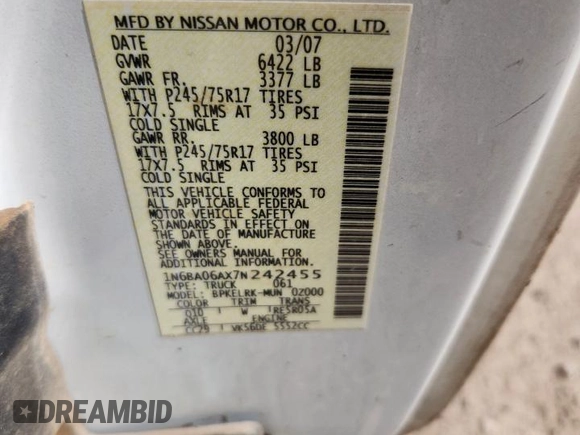 2007 Nissan Titan LE with VIN 1N6BA06AX7N242455, listed as a Copart auction lot 61811175 with 211,040 mi miles and Salvage title. Bid and sale history available at DreamBid. Image 12.