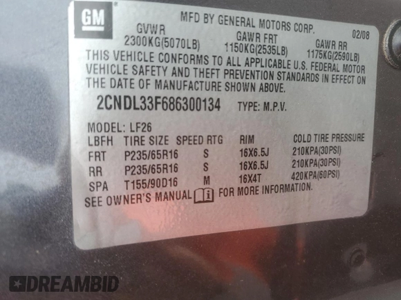 2008 Chevrolet Equinox LT z VIN 2CNDL33F686300134, wystawiony jako Copart lot #55824855 z przebiegiem Nie podano mil oraz Szkoda całkowita • Salvage title. Historia ofert i sprzedaży dostępna na DreamBid. Obrazek 13.