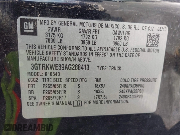 2010 GMC Sierra 1500 SLT with VIN 3GTRKWE39AG288413, listed as a IAAI auction lot 42778293 with 284,463 mi miles and . Bid and sale history available at DreamBid. Image 9.