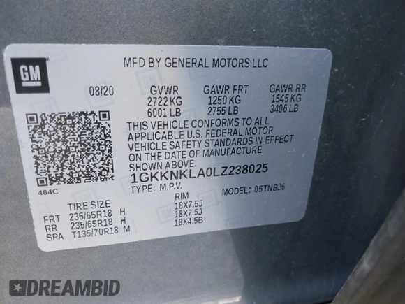 2020 GMC Acadia SLE with VIN 1GKKNKLA0LZ238025, listed as a IAAI auction lot 42031425 with 76,335 mi miles and . Bid and sale history available at DreamBid. Image 9.