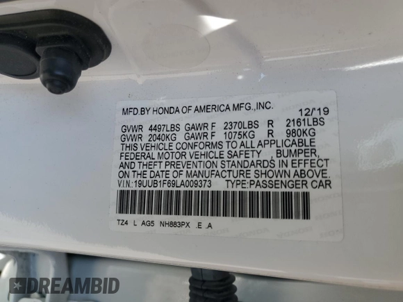 2020 Acura TLX w/A-Spec Pkg with VIN 19UUB1F69LA009373, listed as a Copart auction lot 53285565 with 65,092 mi miles and Clean title. Bid and sale history available at DreamBid. Image 12.