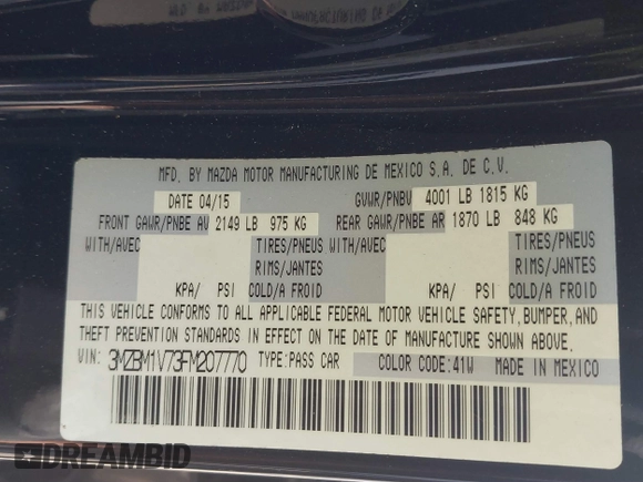 2015 Mazda Mazda3 i Touring with VIN 3MZBM1V73FM207770, listed as a IAAI auction lot 41749926 with 106,522 mi miles. Bid and sale history available at carsss.com. Image 9.