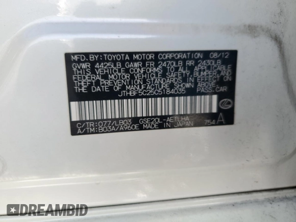 2012 Lexus IS 250 with VIN JTHBF5C25C5184035, listed as a Copart auction lot 41674655 with 276,136 mi miles and Salvage Title. Bid and sale history available at DreamBid. Image 12.