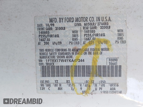 2000 Ford F-150 XL with VIN 1FTRX17W4YKA47244, listed as a IAAI auction lot 42076893 with 362,114 mi miles. Bid and sale history available at carsss.com. Image 9.
