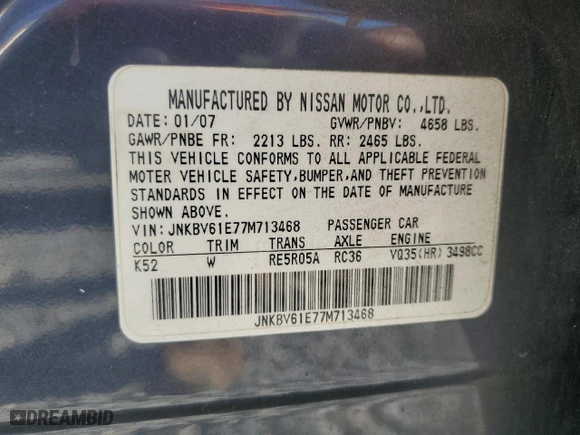 2007 Infiniti G35 Sedan Sport with VIN JNKBV61E77M713468, listed as a Copart auction lot 50605075 with 211,667 mi miles and Salvage Title. Bid and sale history available at carsss.com. Image 12.