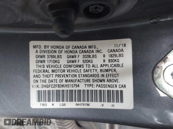 2019 Honda Civic Sedan Sport with VIN 2HGFC2F83KH515794, listed as a IAAI auction lot 41967452 with 38,515 mi miles. Bid and sale history available at carsss.com. Image 9.